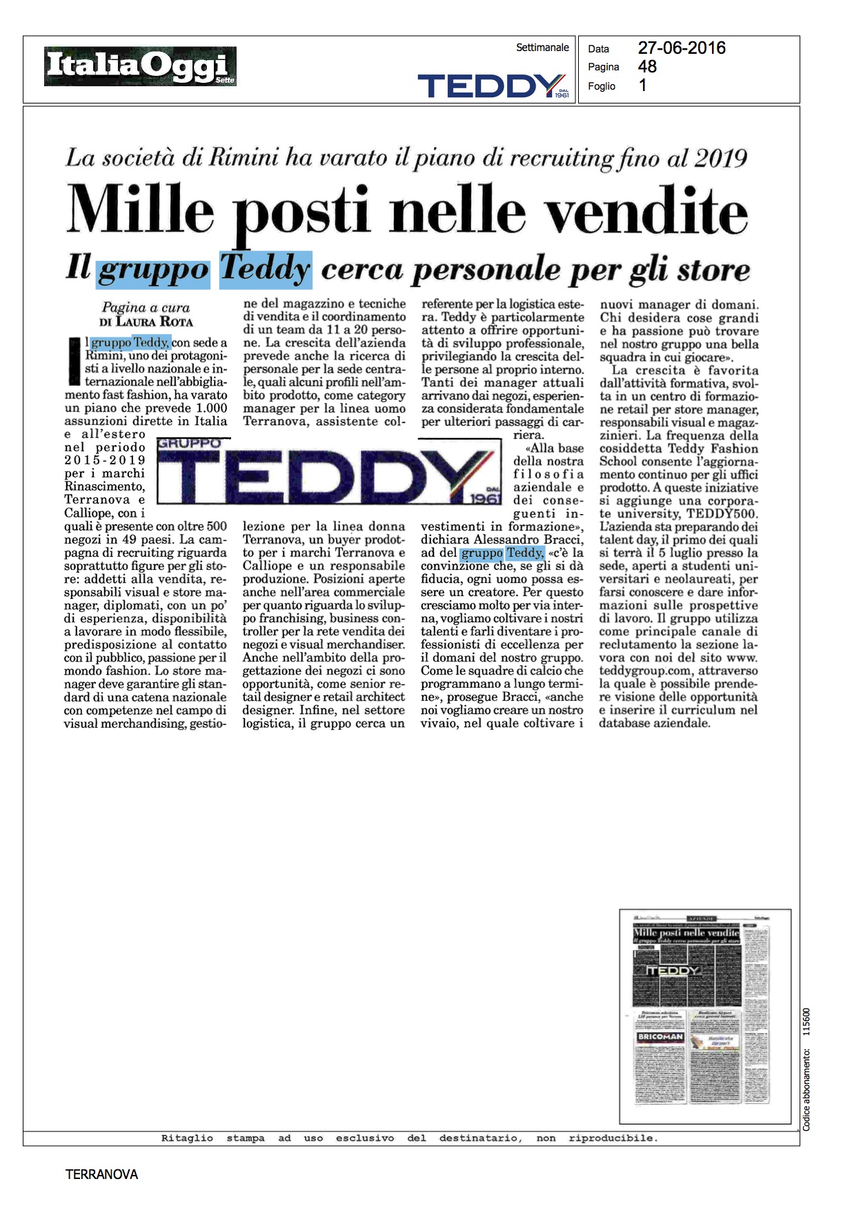 Teddy - Italia Oggi